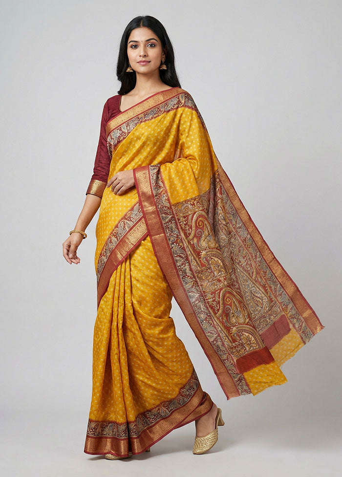 Yellow Printed Pure Silk Saree Without Blouse Piece