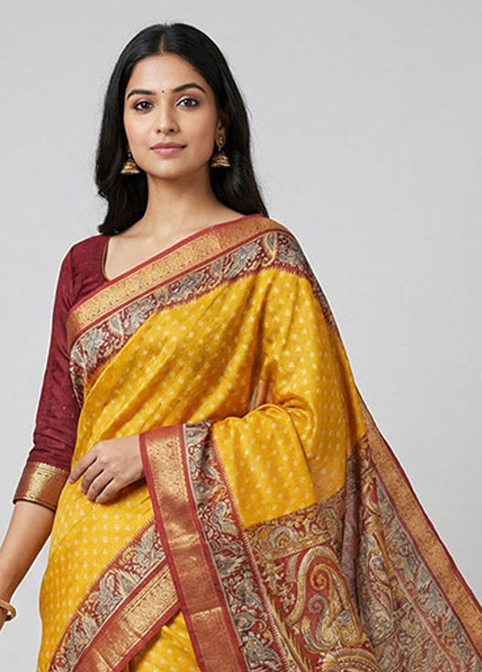 Yellow Printed Pure Silk Saree Without Blouse Piece