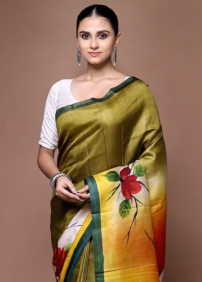 Green Printed Silk Saree Without Blouse Piece