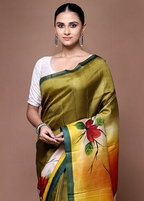 Green Printed Silk Saree Without Blouse Piece