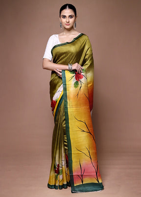 Green Printed Silk Saree Without Blouse Piece