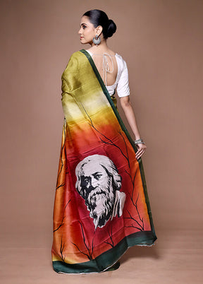 Green Printed Silk Saree Without Blouse Piece