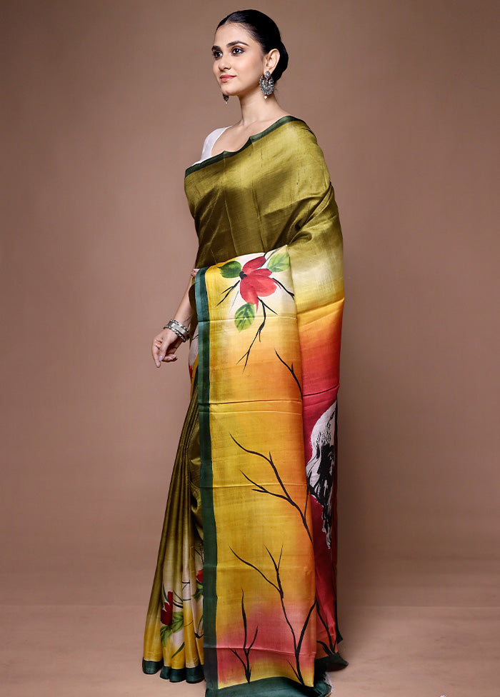 Green Printed Silk Saree Without Blouse Piece
