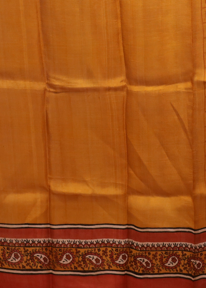 Yellow Printed Silk Saree Without Blouse Piece