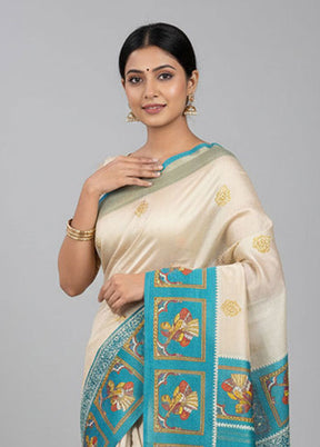 Green Handloom Tussar Pure Silk Saree With Blouse Piece