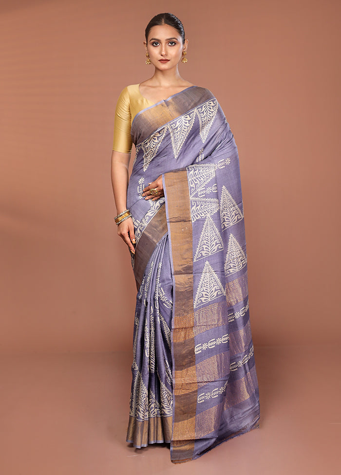 Grey Tussar Silk Saree With Blouse Piece