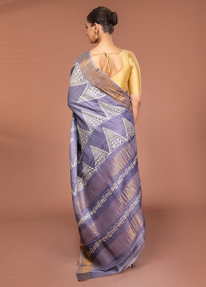 Grey Tussar Silk Saree With Blouse Piece