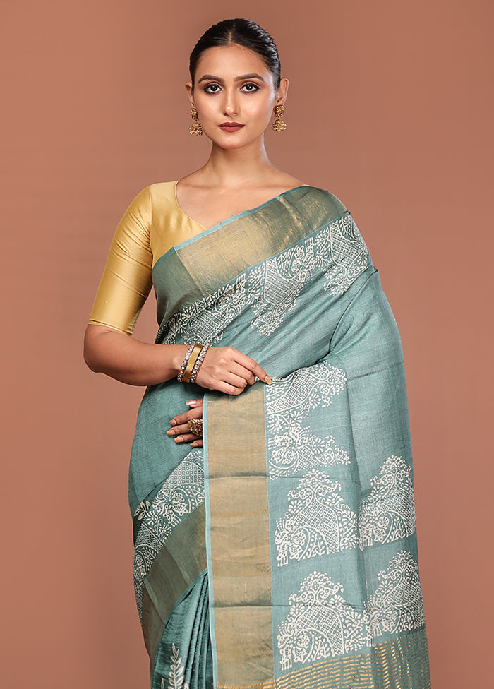 Green Tussar Silk Saree With Blouse Piece