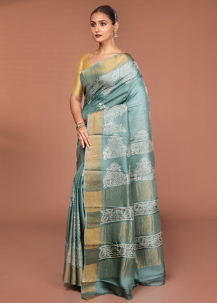 Green Tussar Silk Saree With Blouse Piece
