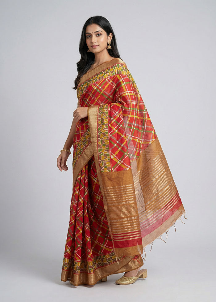 Red Tussar Silk Saree With Blouse Piece