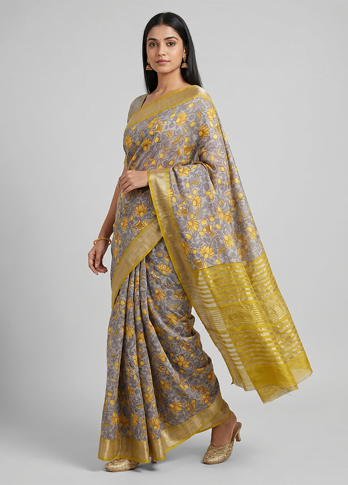 Grey Tussar Silk Saree With Blouse Piece