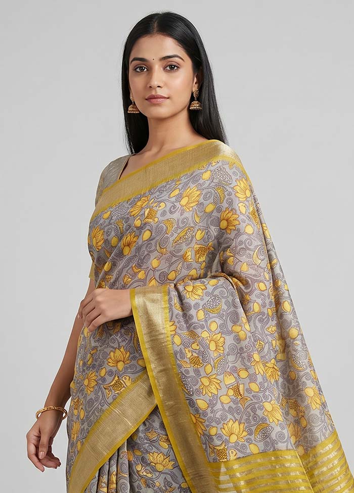 Grey Tussar Silk Saree With Blouse Piece