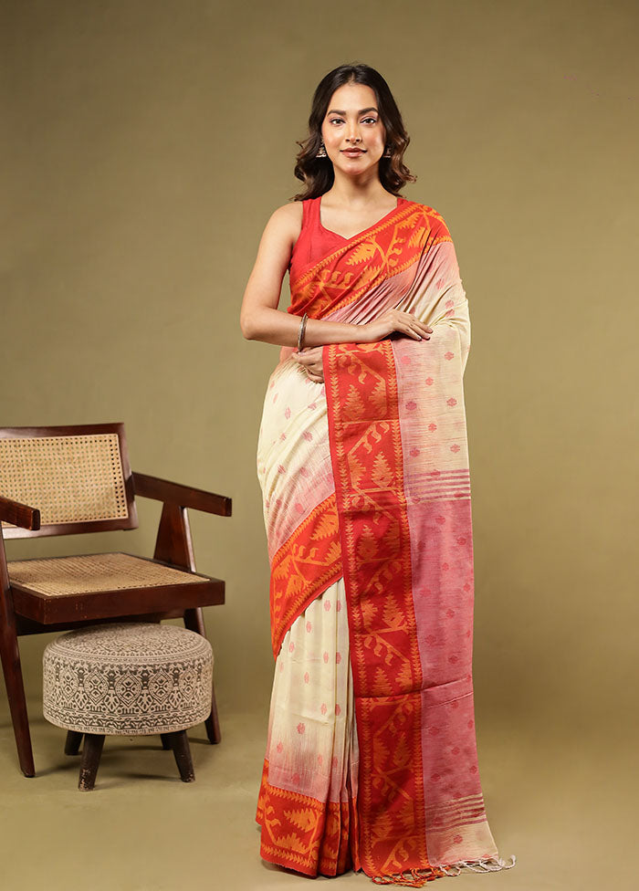 White Khadi Cotton Saree With Blouse Piece