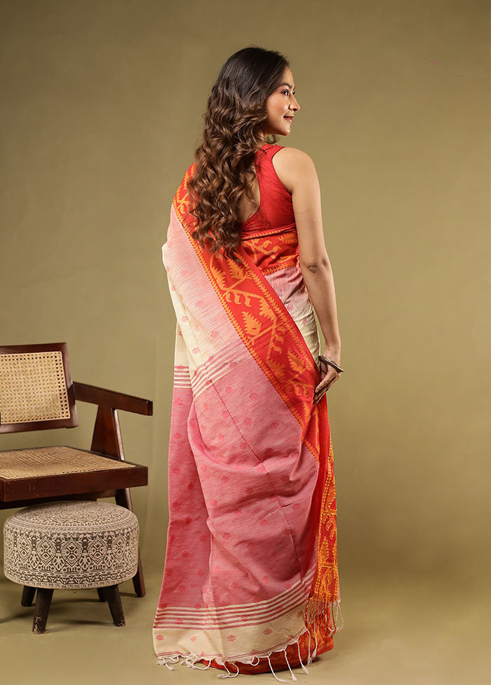 White Khadi Cotton Saree With Blouse Piece