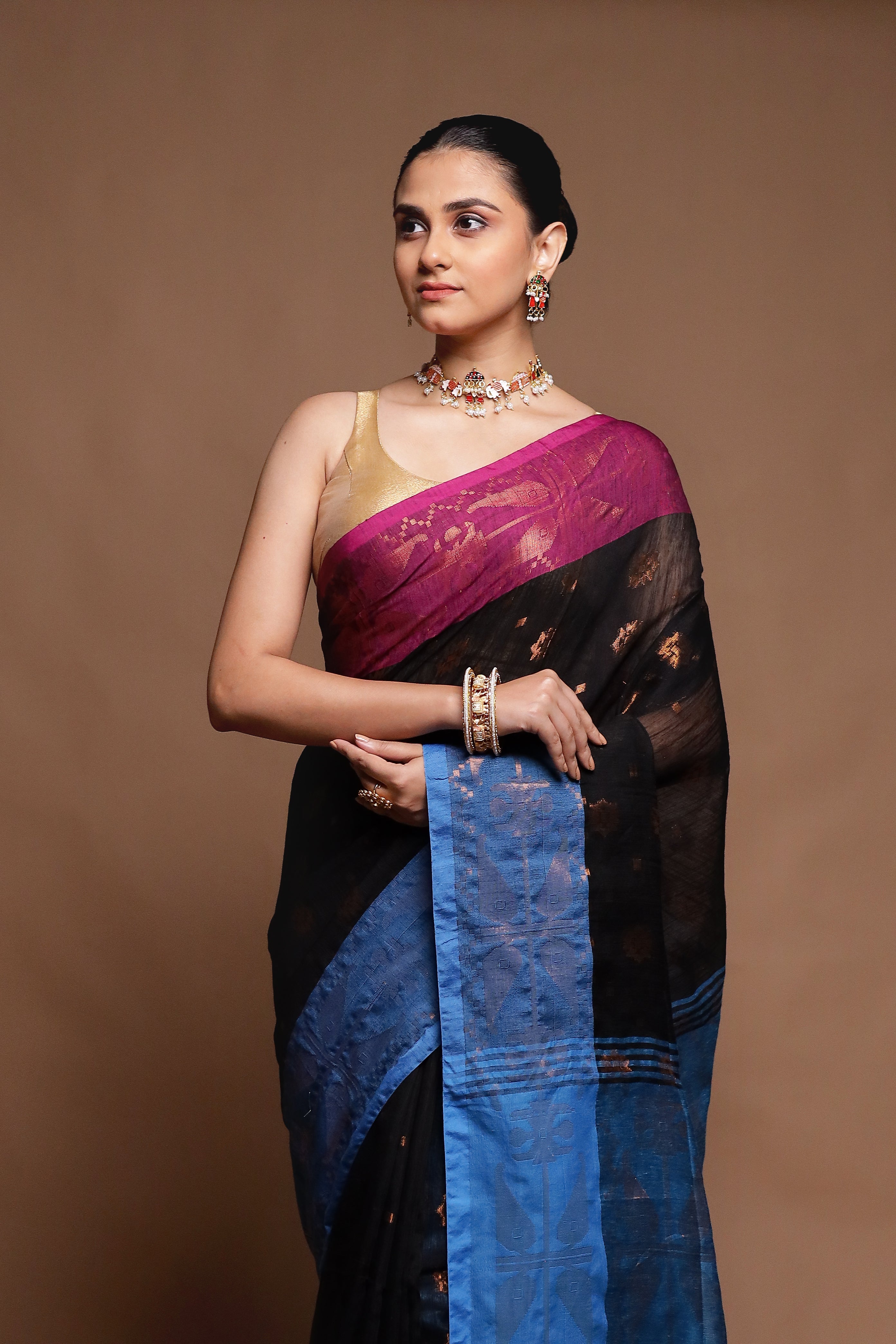 Black Cotton Saree With Blouse Piece