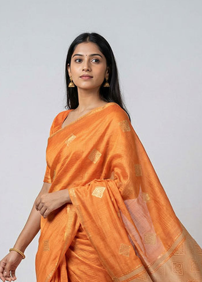 Rust Handloom Tussar Pure Silk Saree With Blouse Piece