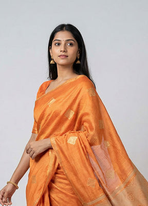 Rust Handloom Tussar Pure Silk Saree With Blouse Piece