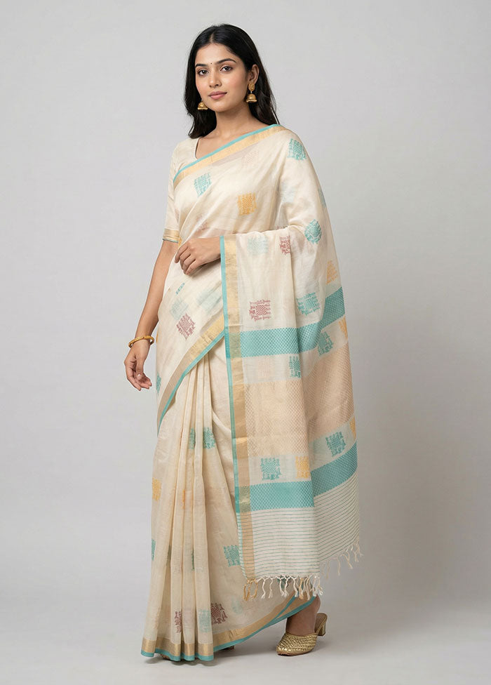 Cream Handloom Tussar Pure Silk Saree With Blouse Piece