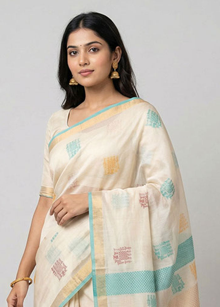 Cream Handloom Tussar Pure Silk Saree With Blouse Piece