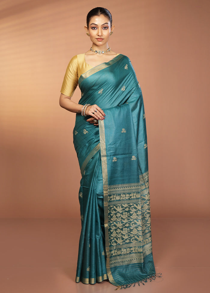 Green Handloom Tussar Pure Silk Saree With Blouse Piece