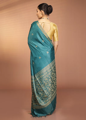 Green Handloom Tussar Pure Silk Saree With Blouse Piece