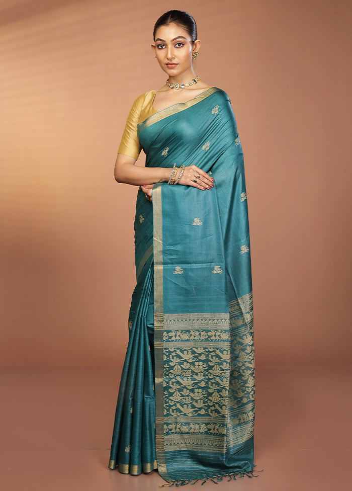 Green Handloom Tussar Pure Silk Saree With Blouse Piece