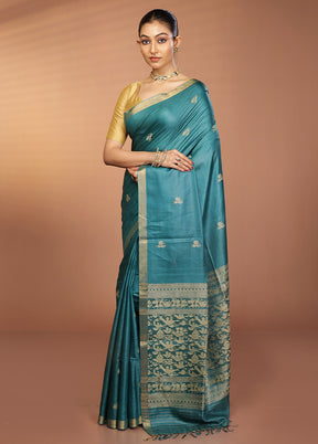 Green Handloom Tussar Pure Silk Saree With Blouse Piece
