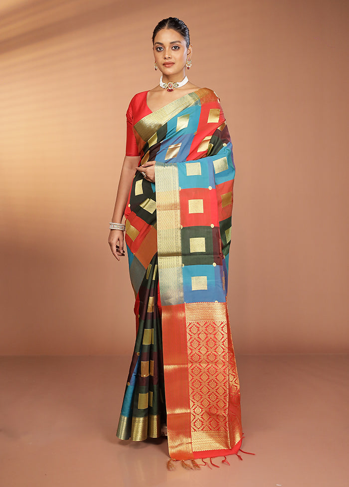 Multicolor Kanjivaram Silk Saree With Blouse Piece