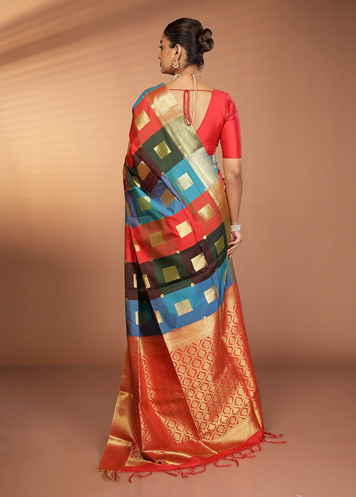 Multicolor Kanjivaram Silk Saree With Blouse Piece
