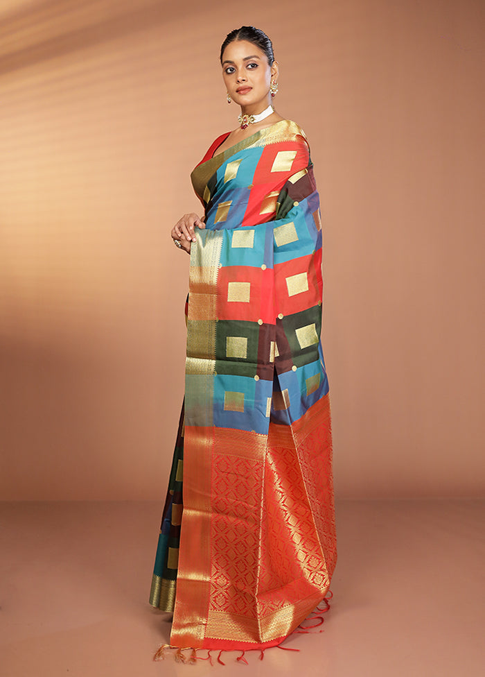 Multicolor Kanjivaram Silk Saree With Blouse Piece