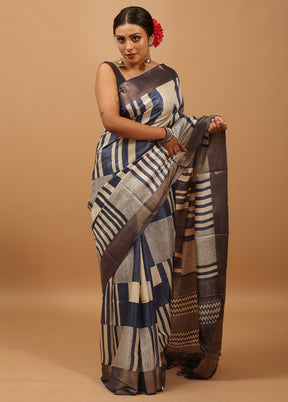 Cream Handloom Tussar Pure Silk Saree With Blouse Piece