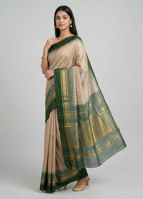 Cream Handloom Tussar Pure Silk Saree With Blouse Piece