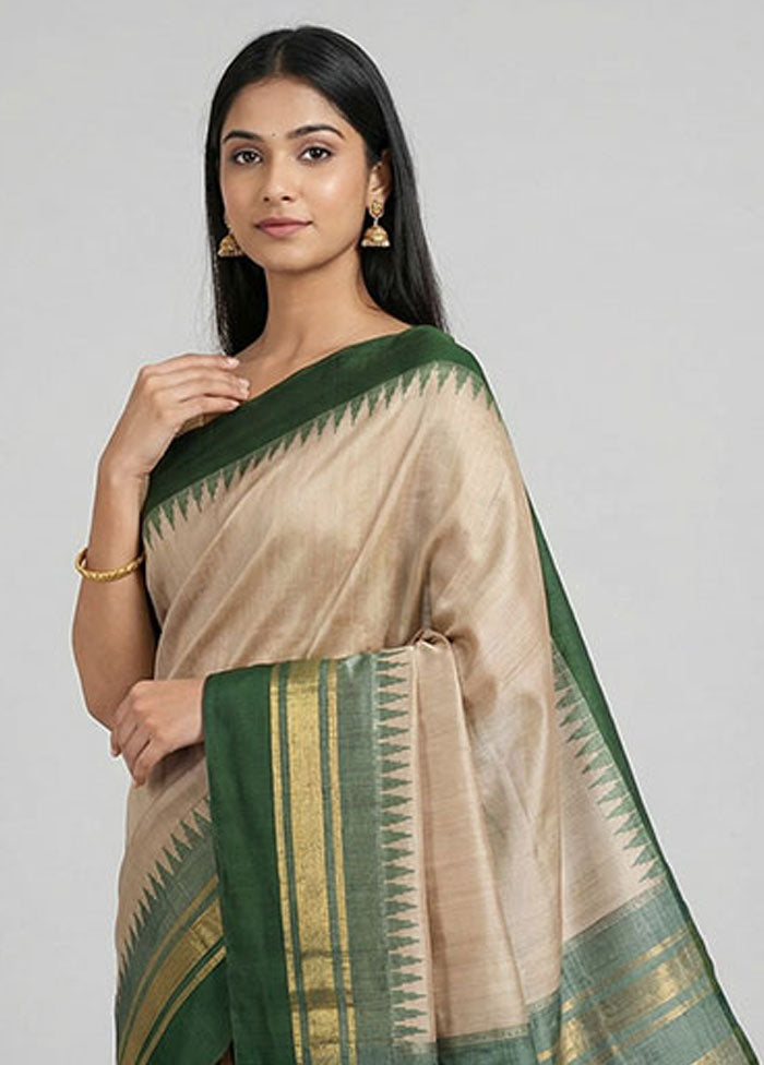 Cream Handloom Tussar Pure Silk Saree With Blouse Piece