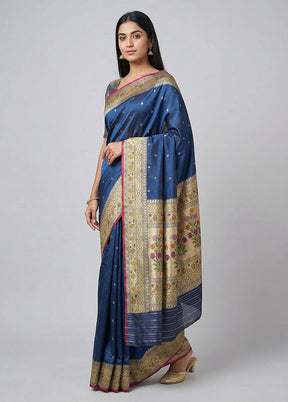 Blue Handloom Katan Pure Silk Saree With Blouse Piece