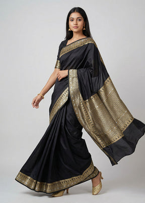 Black Handloom Banarasi Pure Silk Saree With Blouse Piece