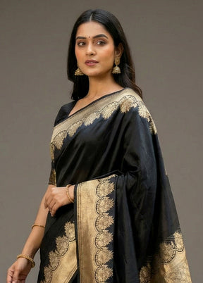 Black Handloom Banarasi Pure Silk Saree With Blouse Piece
