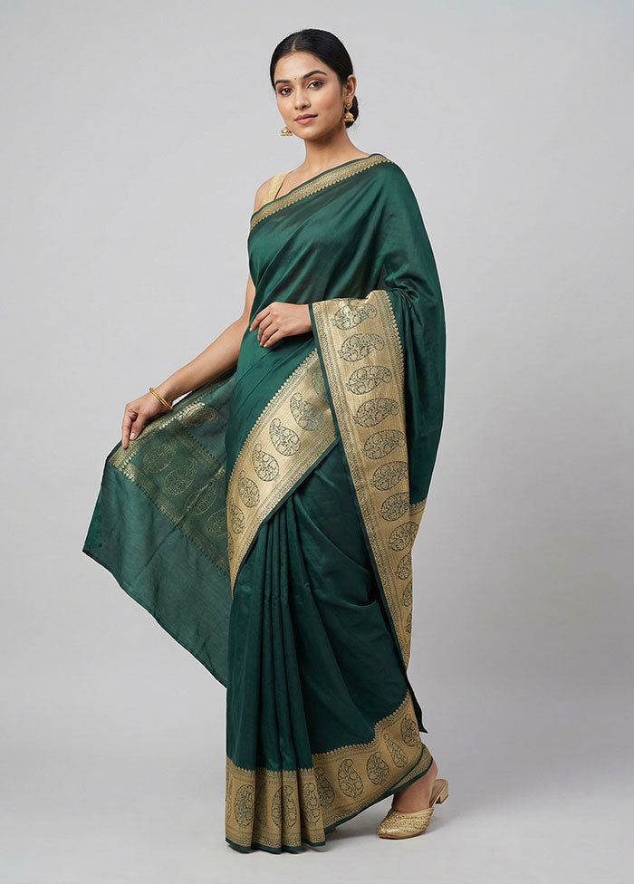 Green Handloom Banarasi Pure Silk Saree With Blouse Piece