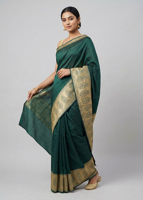Green Handloom Banarasi Pure Silk Saree With Blouse Piece