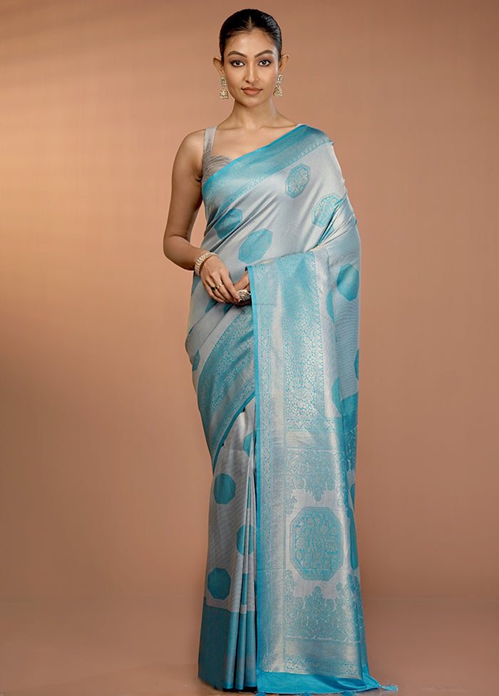 Blue Dupion Silk Saree With Blouse Piece