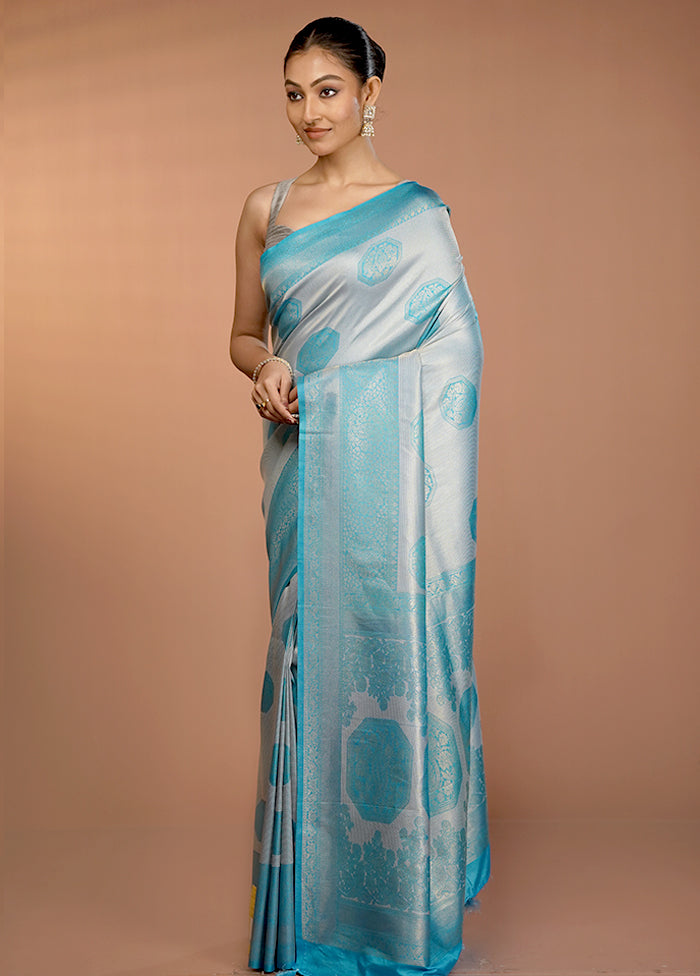 Blue Dupion Silk Saree With Blouse Piece