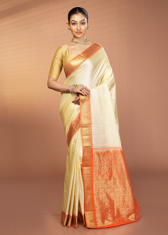 Cream Kanjivaram Silk Saree With Blouse Piece
