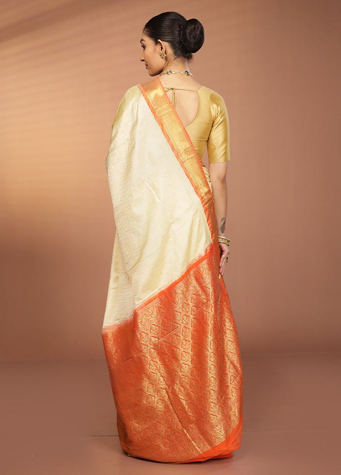 Cream Kanjivaram Silk Saree With Blouse Piece