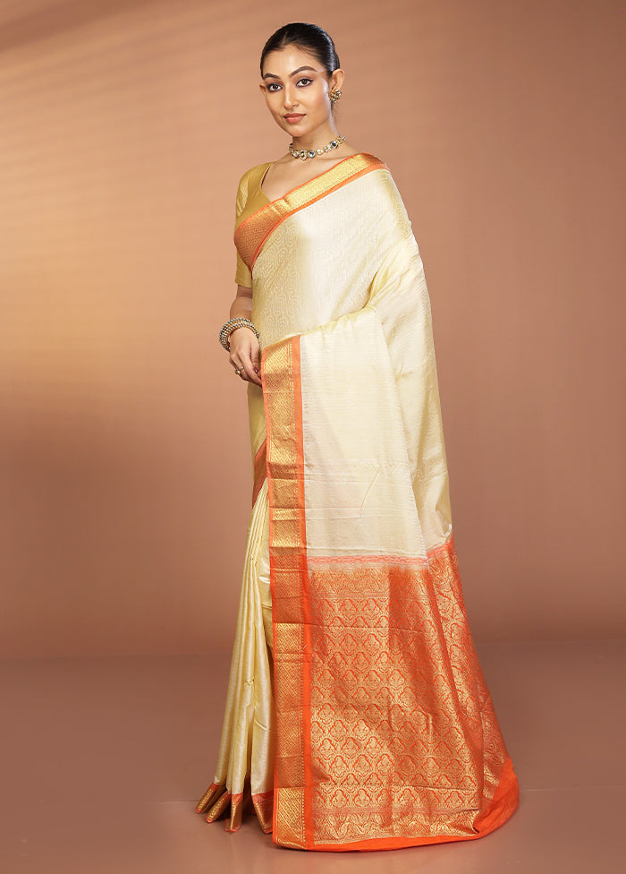 Cream Kanjivaram Silk Saree With Blouse Piece