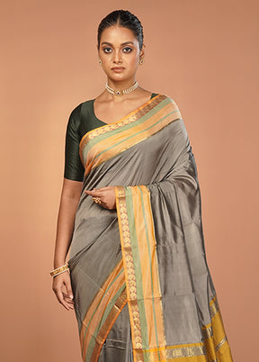 Grey Kanjivaram Silk Saree With Blouse Piece