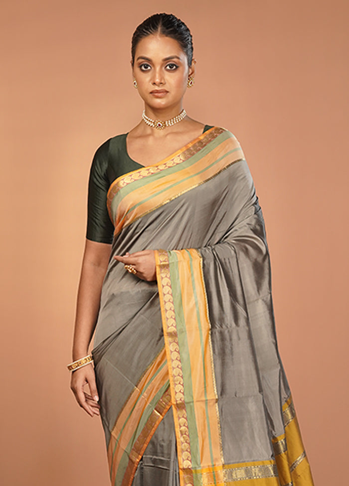 Grey Kanjivaram Silk Saree With Blouse Piece