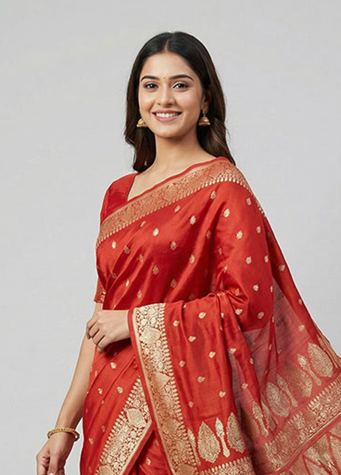 Red Handloom Banarasi Pure Silk Saree With Blouse Piece
