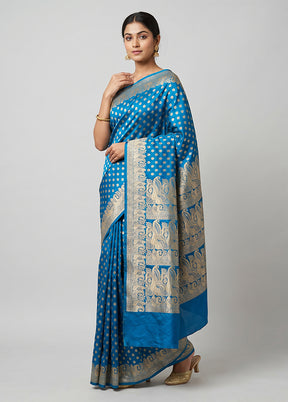 Blue Handloom Banarasi Pure Silk Saree With Blouse Piece