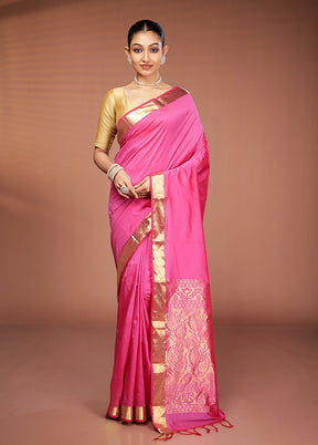 Pink Kanjivaram Silk Saree With Blouse Piece