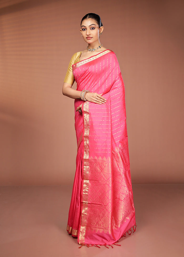 Pink Kanjivaram Silk Saree With Blouse Piece