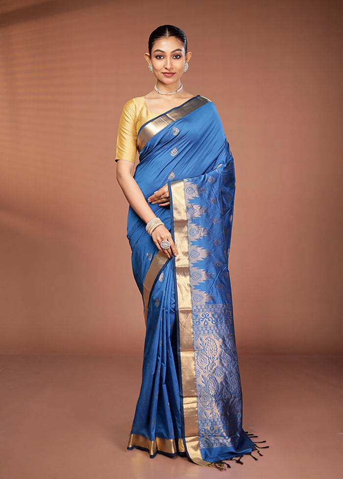 Blue Kanjivaram Silk Saree With Blouse Piece